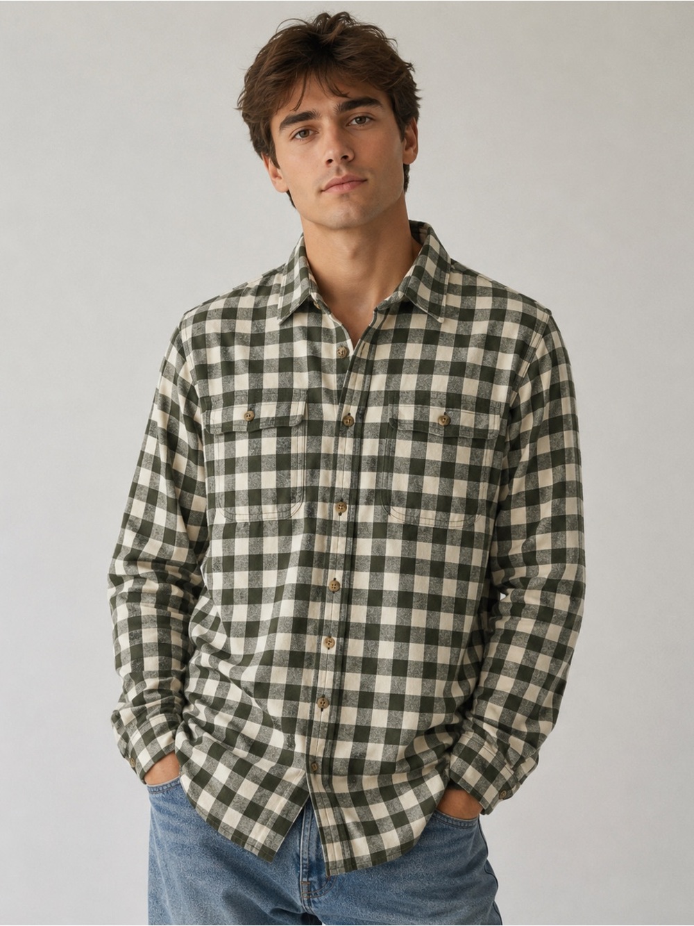 Duluth Trading Co Green and White Check Button-Down Shirt